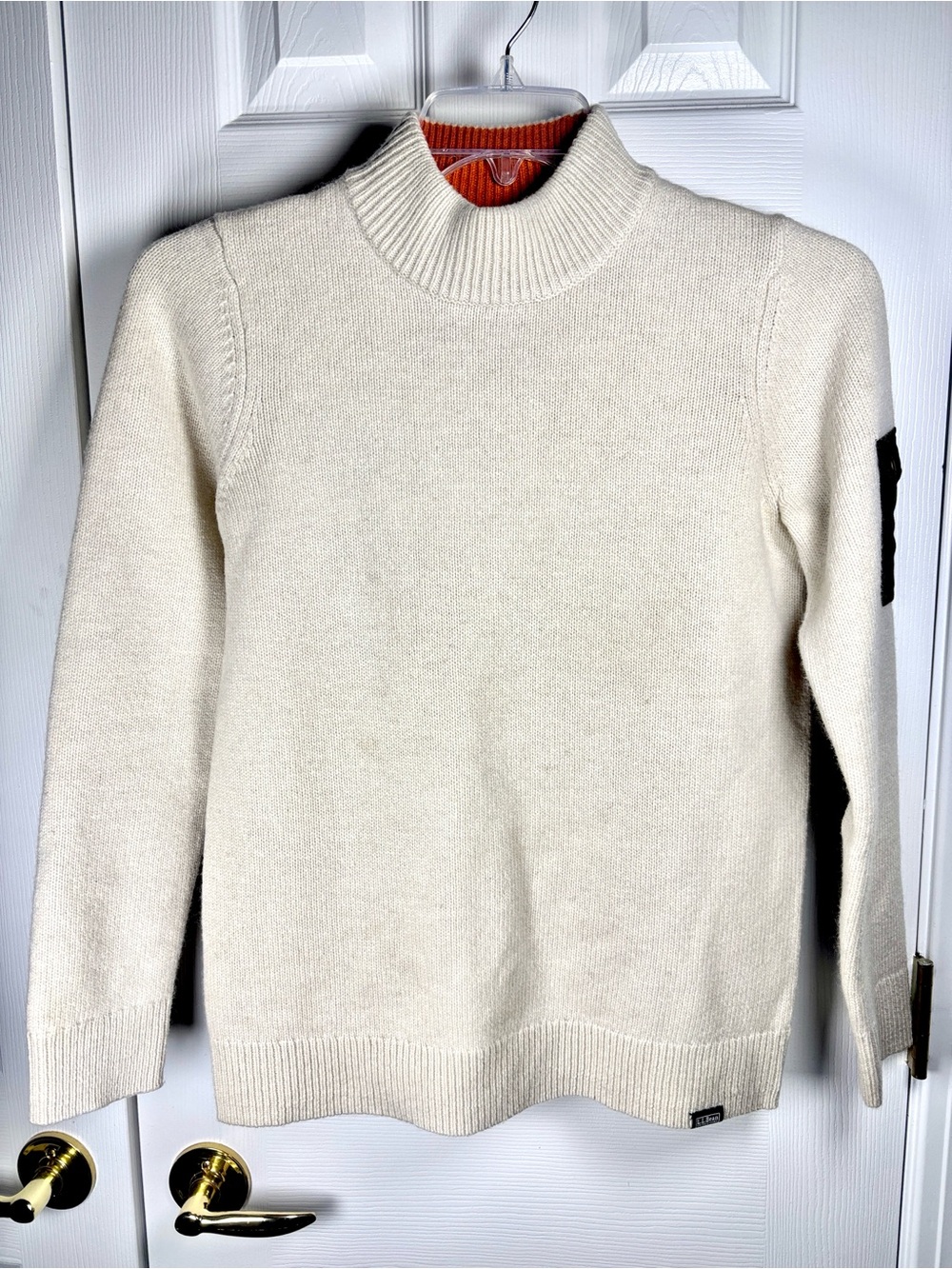 LL Bean Lambswool Sweater Off White Mock Neck Hunt Fish Elbow Patch Arm XS